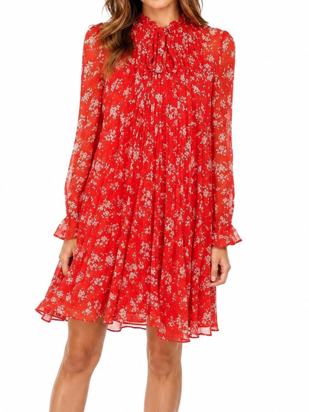 The Kooples Red Floral Silk Ruffle Dress with Slip Size XXS Like New